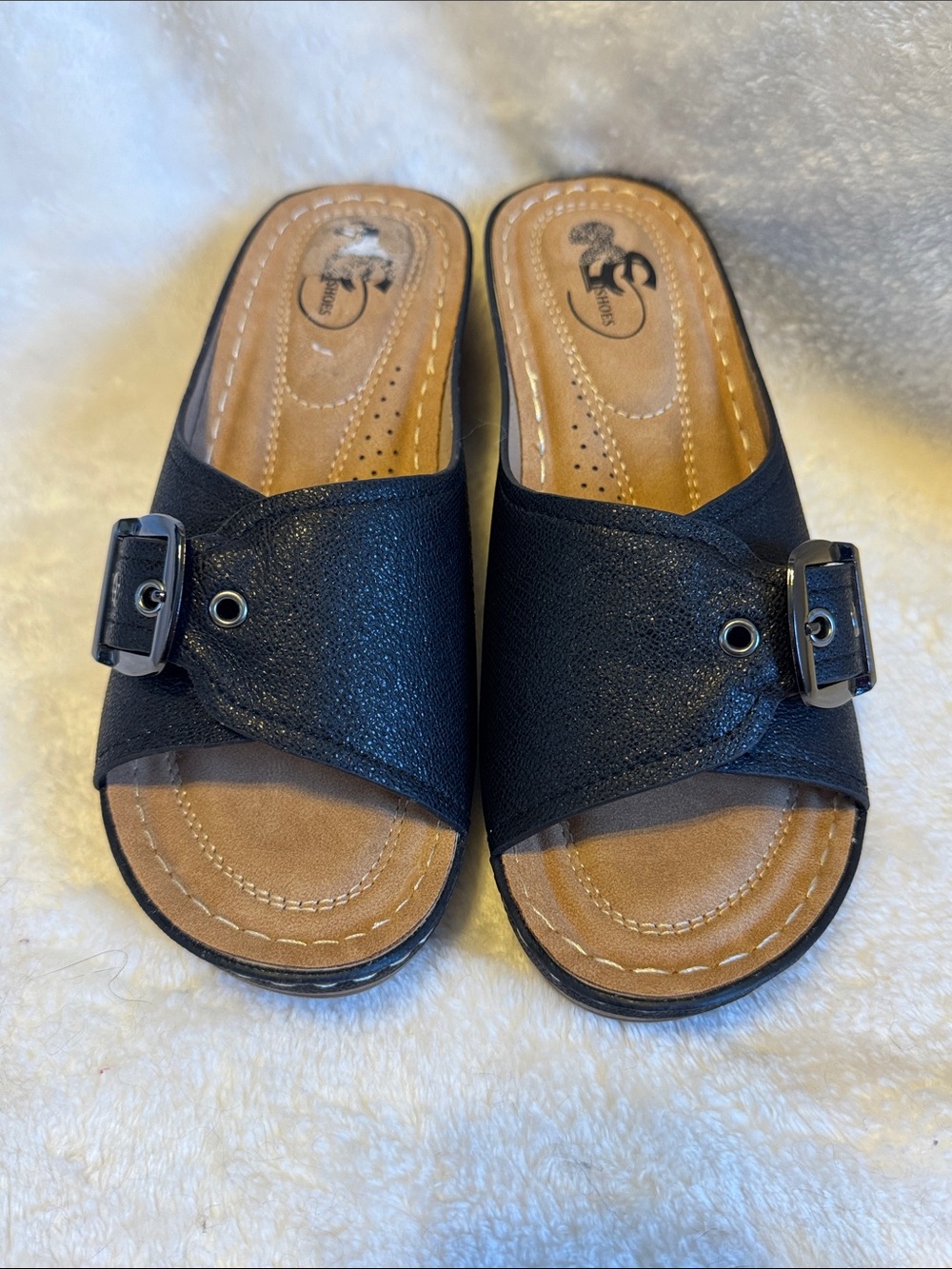 Justina Black Slide Sandals with Buckle Accent